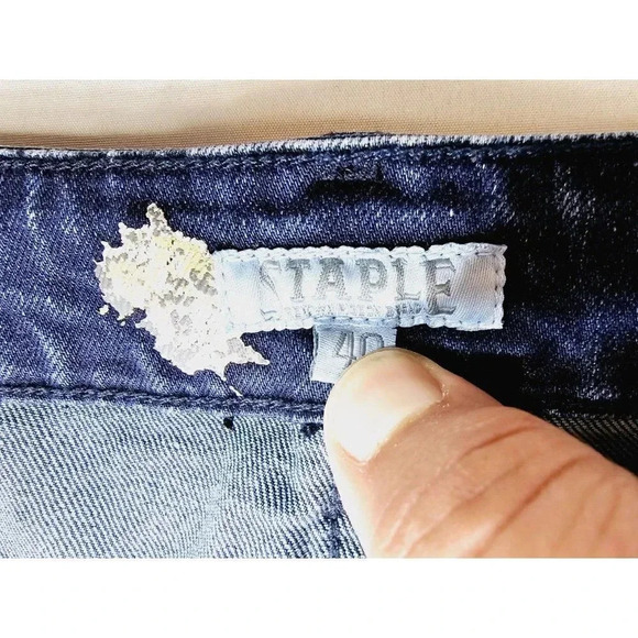 Staple Pigeon Size 40X32 Men's Factory Stich Distressed Blue Denim Logo Jeans - Picture 6 of 13